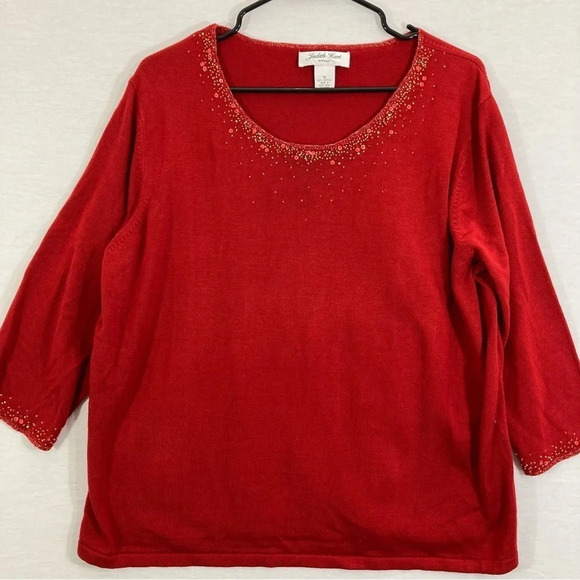 Vintage Judith Hart Red Beaded Soft Stretch Lightweight Sweater 1X - Picture 1 of 8